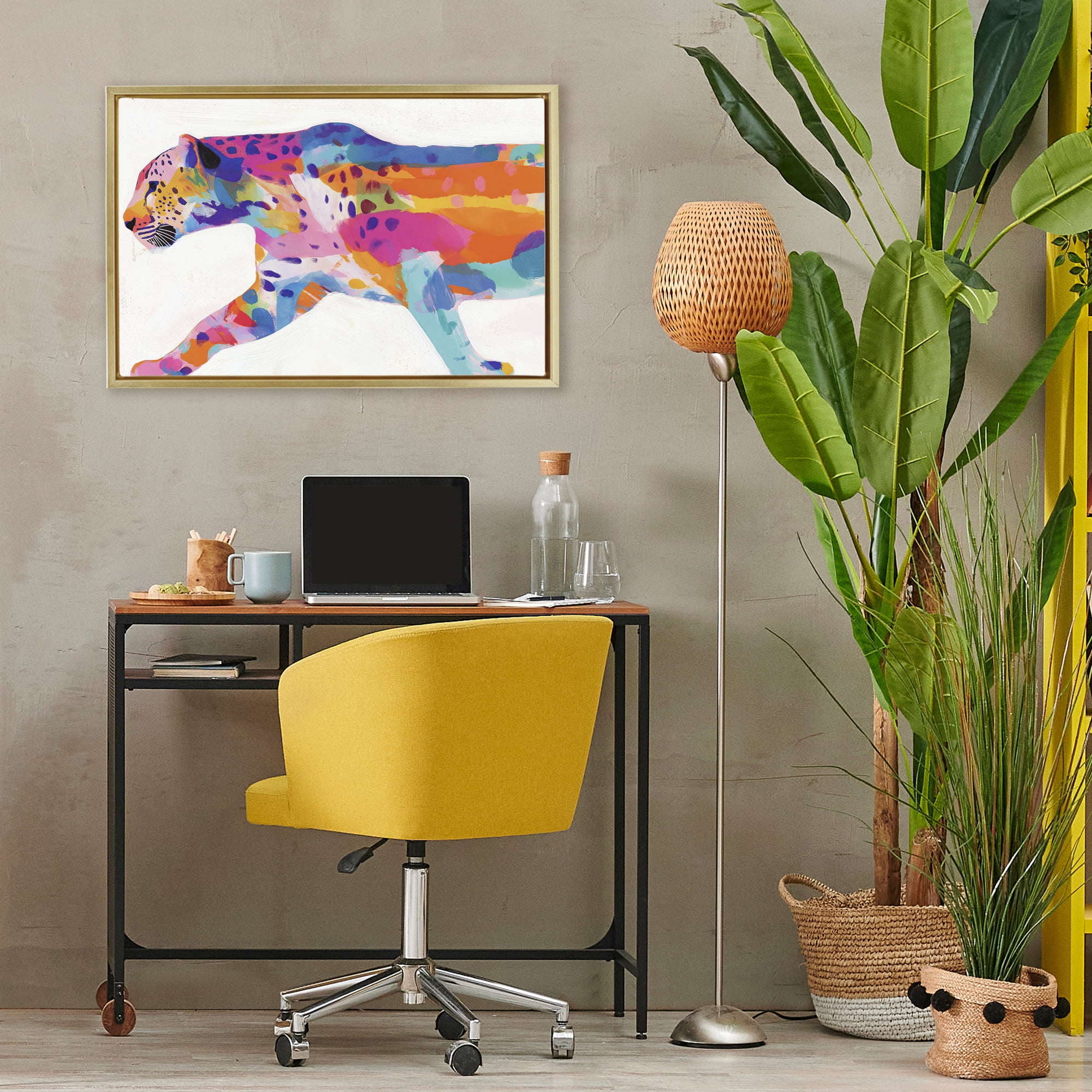 Stupell Industries Vibrant Hued Cheetah In Motion Gold Framed Floater Canvas Wall Art, design by Chromatic Storm Studio
