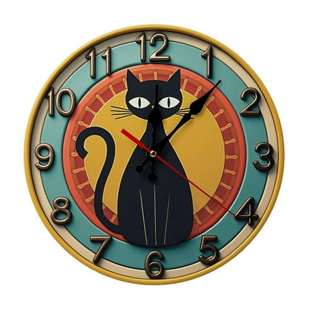 Black Cat Wall Clock 10 Inch Silent Non Ticking Round Clock Decoration for Living Room Kitchen Bedroom Bathroom Office Classroom