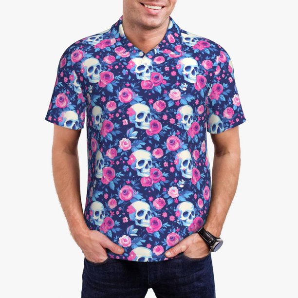 Balery Skull Flower Camisa Polo de Hombre con Estampado, de Manga Corta y Tejido Medio, Camisa Tipo Golf Polo-4X-Large