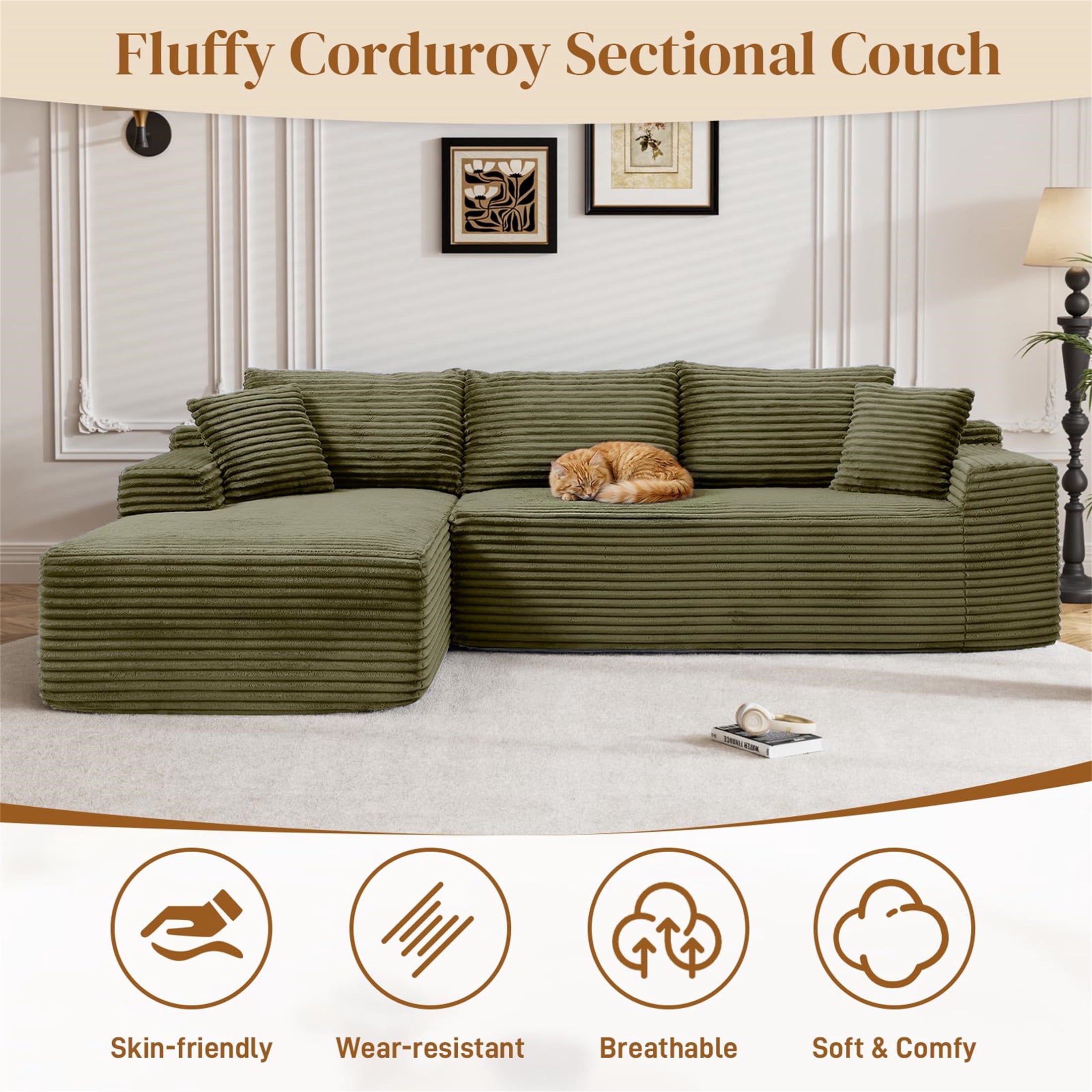 Aukfa 96" Cloud Sectional Sofa Deep Seat Boneless Couch Modular L-Shaped Couch, Left Chaise Corduroy Sofa for Living Room, Green