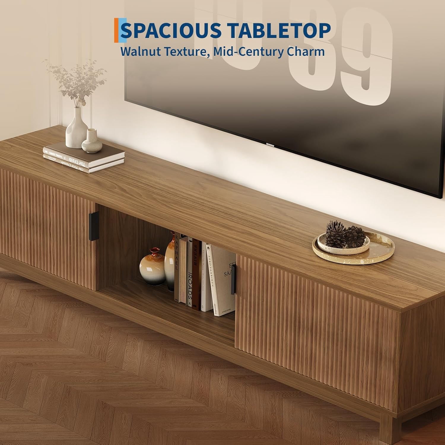 Fluted TV Stands for TVs Up to 80 Inches, Mid Century Modern Entertainment Center with Open Storage Compartments,Media TV Consoles 70" Long Wooden TV Console