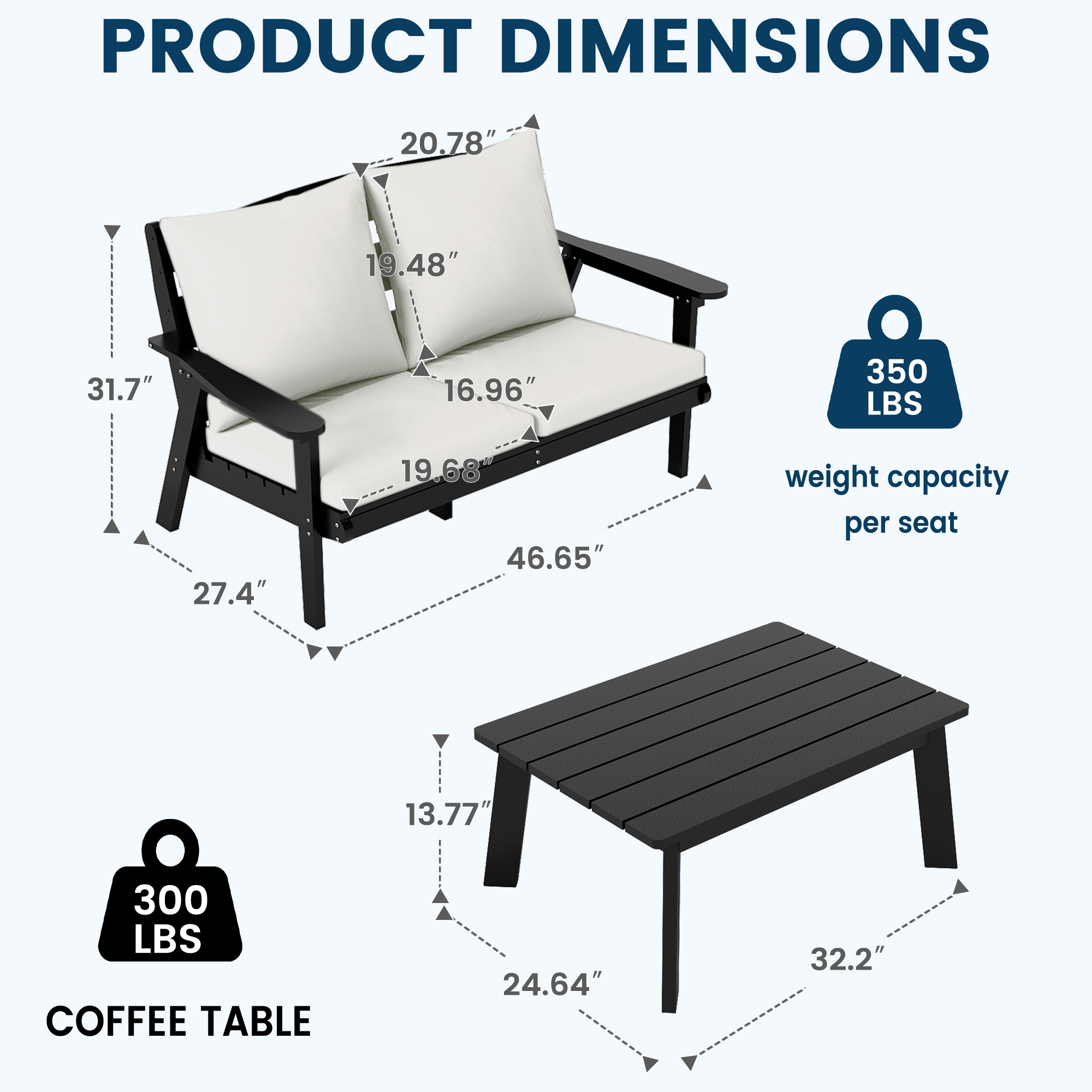 FOOWIN 4-Piece Patio Furniture Set, HDPE Outdoor Conversation Set with 4 Seating & Cushions, Perfect Patio Sofa Set for Garden, Porch, Backyard, Black Frame with Beige Cushion