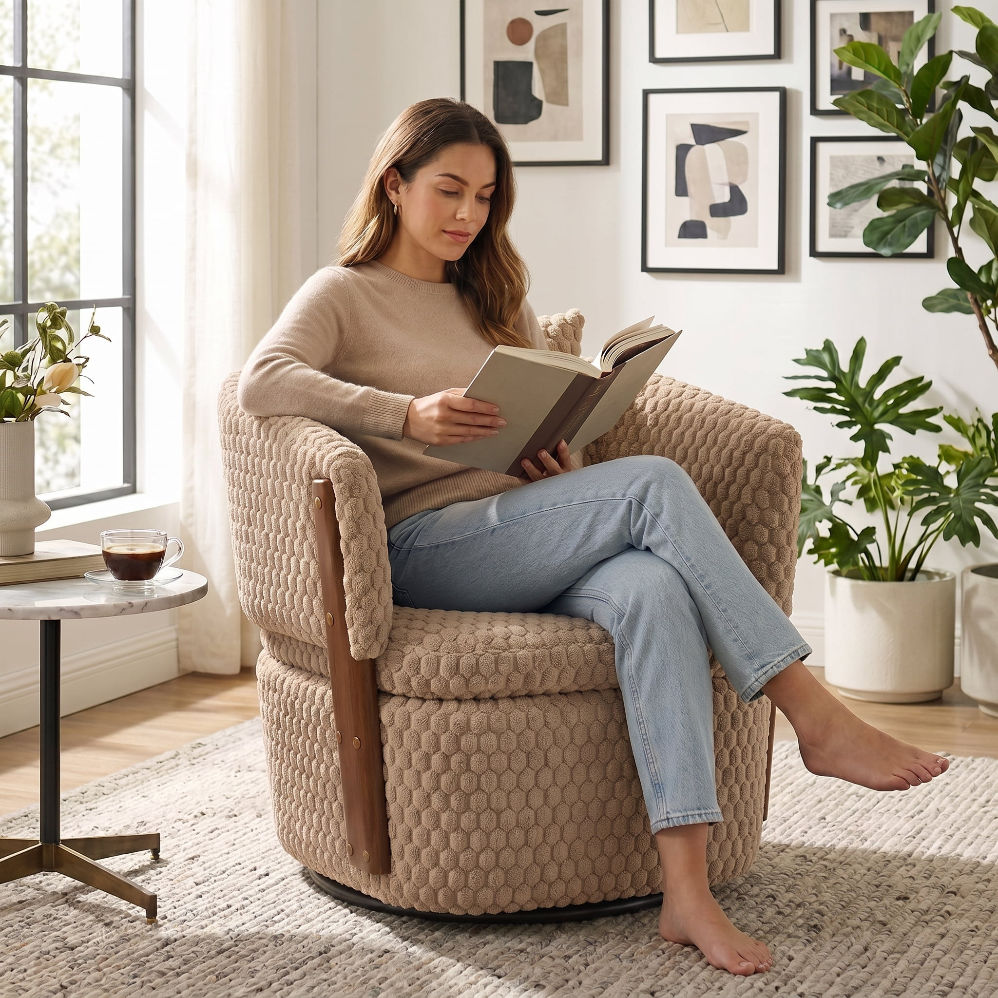 Aukfa Mid Century Modern 360 Swivel Accent Barrel Chair with Lumbar Pillow & Hidden Storage,Corduroy,Khaki