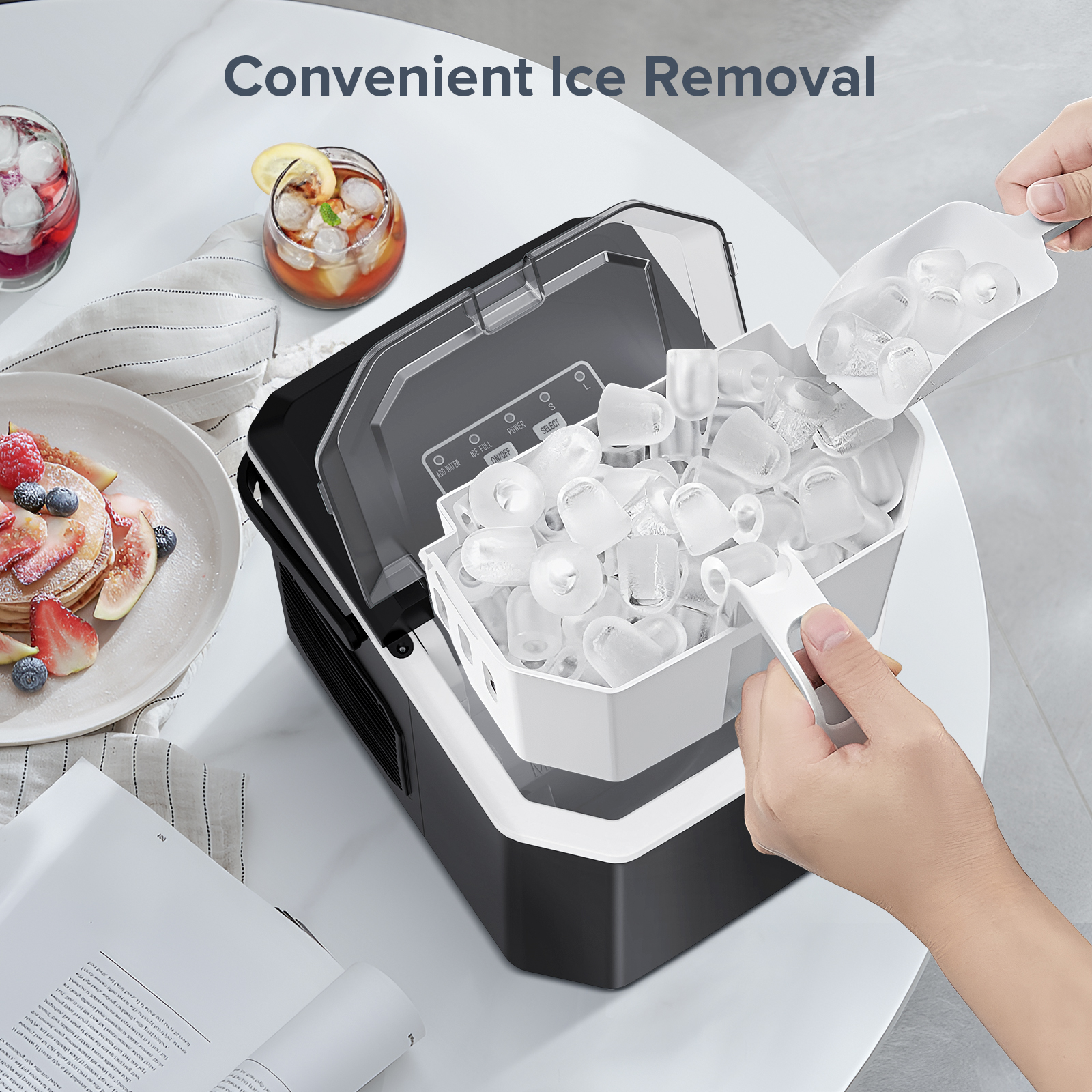Auseo Portable Countertop Ice Maker, 26Lbs/24H, 9 Bullet-Shaped Ice in 8 Mins, with Handle/Ice Scoop/Ice Basket, for Home/Office/Bar/Party (Black)