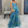 thumbnail image 2 of Prdecexlu Floral Tulle Maxi Dress for Women Spaghetti Straps V Neck Lace-Up Back A Line Colorful Cocktail Wedding Guest Dress Blue L, 2 of 3