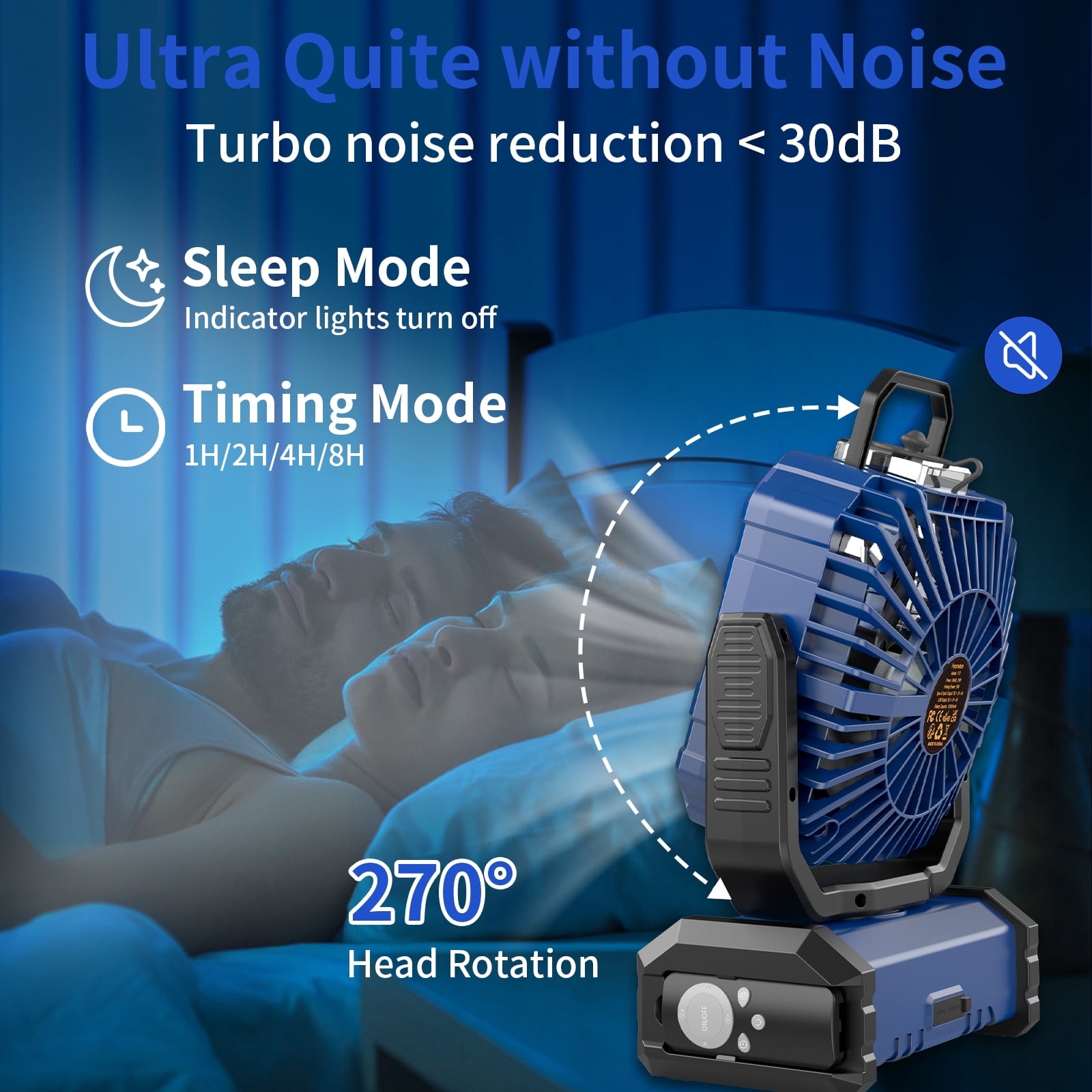 Camping Fan with LED Light, 20000mAh Battery Operated Rechargeable Camping Misting Fan with Hanging Hook, Outdoor Tent Cooling Mist Fans for Home, Office, Car RV, Garden, Travel, Beach - Blue
