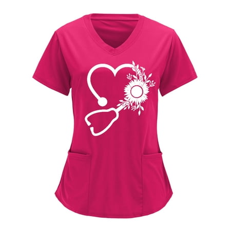

Scrubs For Women Tops Stretchy V Neck Solid Color Overalls Partial Positioning Printing Solid Color Short Sleeve Overalls With Pocket Women s Working Uniform Nursing