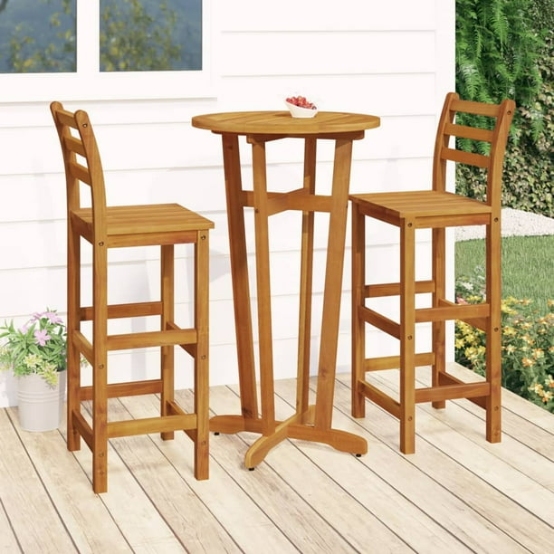 Dcenta 3 Piece Outdoor Dining Set, Acacia Wood Round Bar Table and 2 Stool Chairs, Wooden Patio