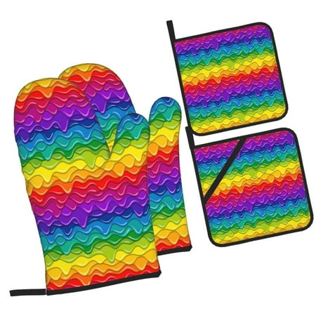 

Pofeuu Bright Rainbow Print Oven Mitts and Pot Holders 4 pcs Set High Heat Resistant 500 Degree Extra Thicken Long Kitchen Cotton Oven Glove for Cooking