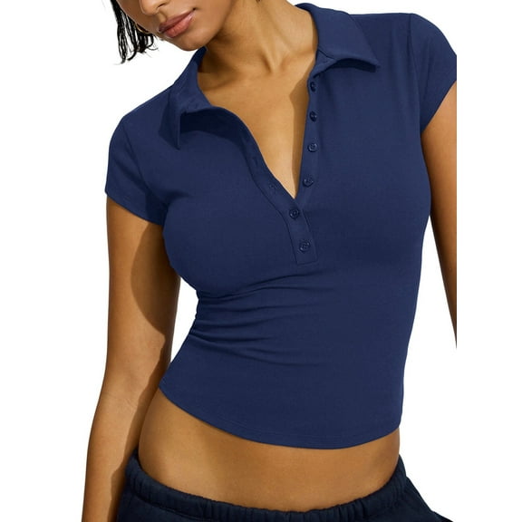 Womens Short Sleeve Collared -Tops V Neck Button Down Fitted Shirts Navy Blue M