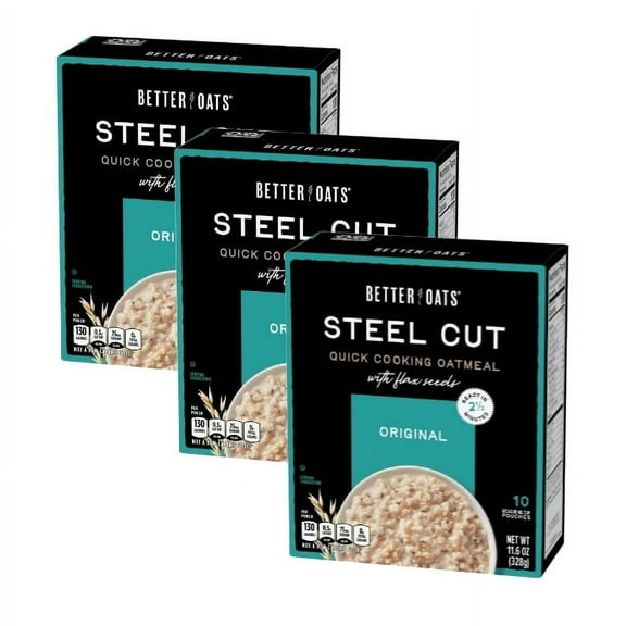 Better Oats Original Steel Cut Oatmeal with Flax Seed, Instant Oatmeal, 10 Packets, 11.6 oz (3 Pack)