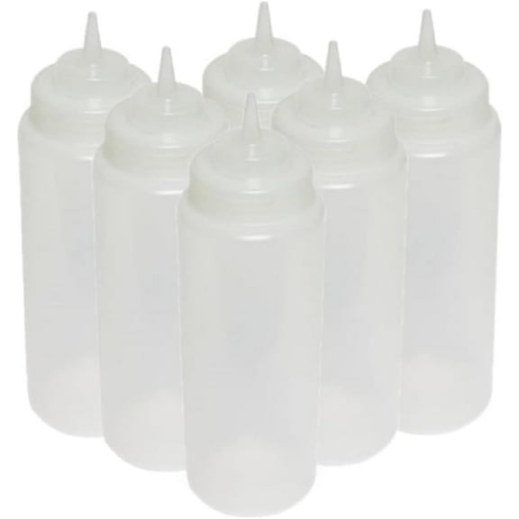 TrueCraftware- Set of 6 Squeeze Condiment Wide Mouth Dispensing Bottles 32 oz Clear- Plastic Squeeze Bottle For Sauces Spreads Ketchup Mustard Mayo Hot sauces and Olive oil