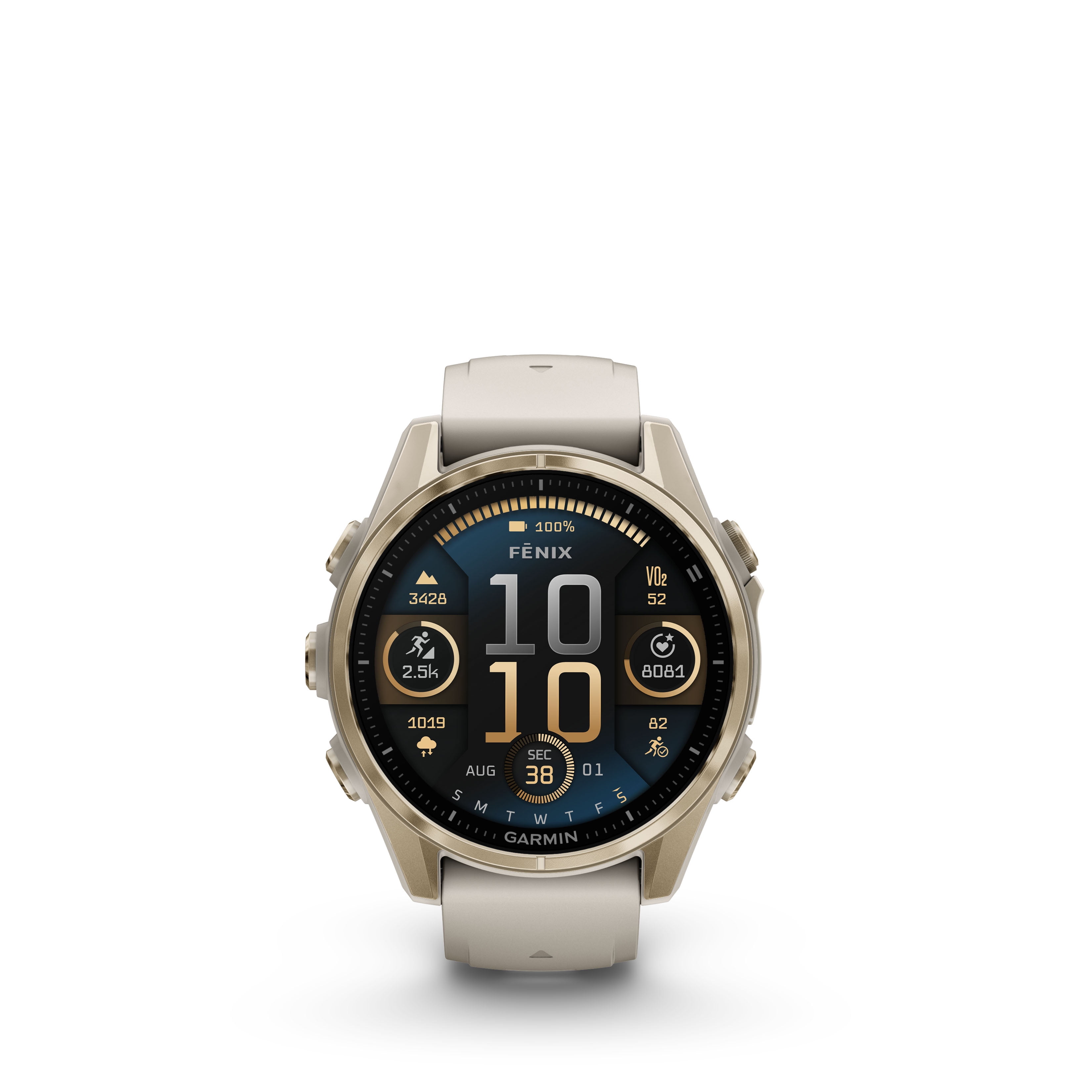 Garmin Fenix 8 43MM AMOLED Sapphire Multisport GPS Smartwatch Sapphire, Soft Gold with Fog Gray/ Sandstone Silicone Band with Accessories