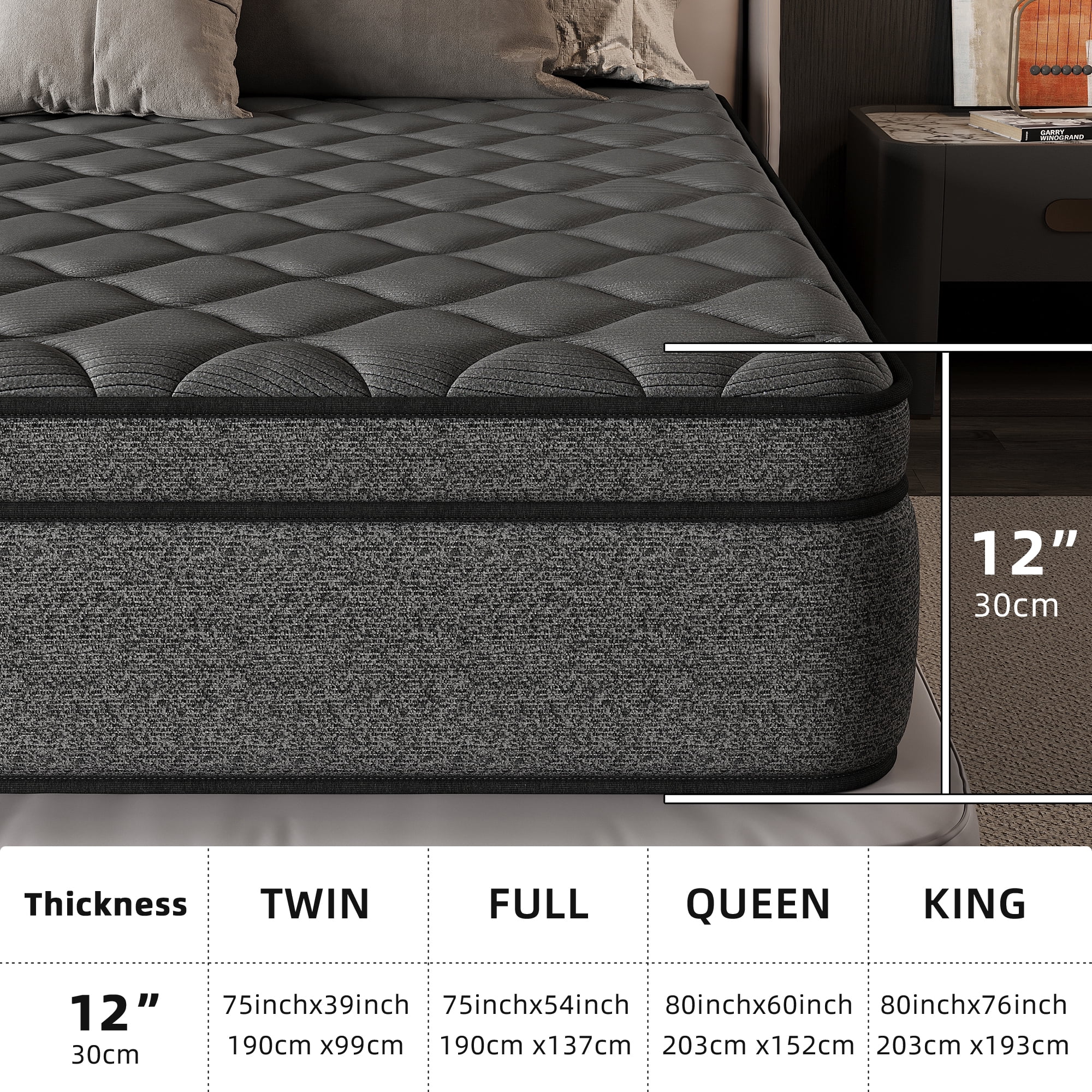 SILENCE MANGO 12 inch Full Size Euro Top Mattress Grey Hybrid Medium Firm for Back & Lumbar Support,Bed Mattress in a Box,Individual Pocket Spring for Motion Isolation & Pressure Relief