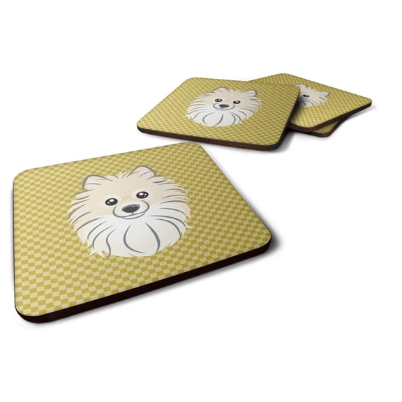 Tan Checkered Pomeranian Foam Coaster Set of 4