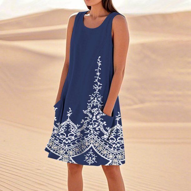 WILLBEST Vestidos De Verano Para Mujer, Vestido De Lino Hasta La Rodilla, Vestido Casual De Playa, Vestido Sin Mangas, Vestido Casual Estampado De Verano Con Bolsillos 2866