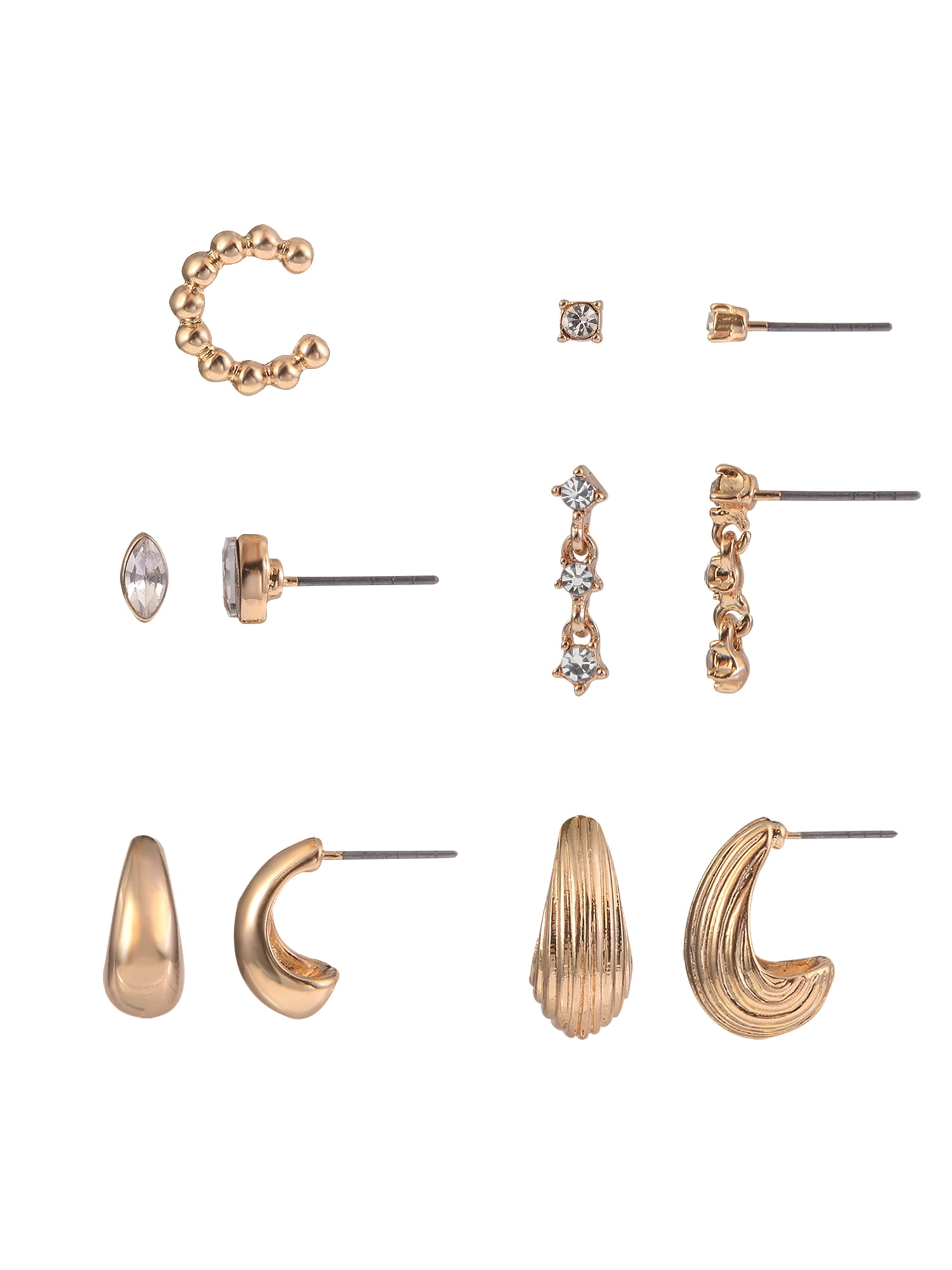 Time and Tru Adult Female Gold-Tone 5 Pair Crystal Stone Navette and Textured Hoop Multi Stacker Earring Set