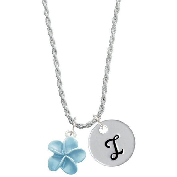 Delight Jewelry Silvertone Blue Plumeria Flower Silvertone Script Initial Disc - I - Charm Necklace, 20"+3"