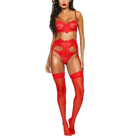 Sexy Underwear Set Women Sexy Lingerie  Bra + Briefs + Waist Belt  Lace Embroidery