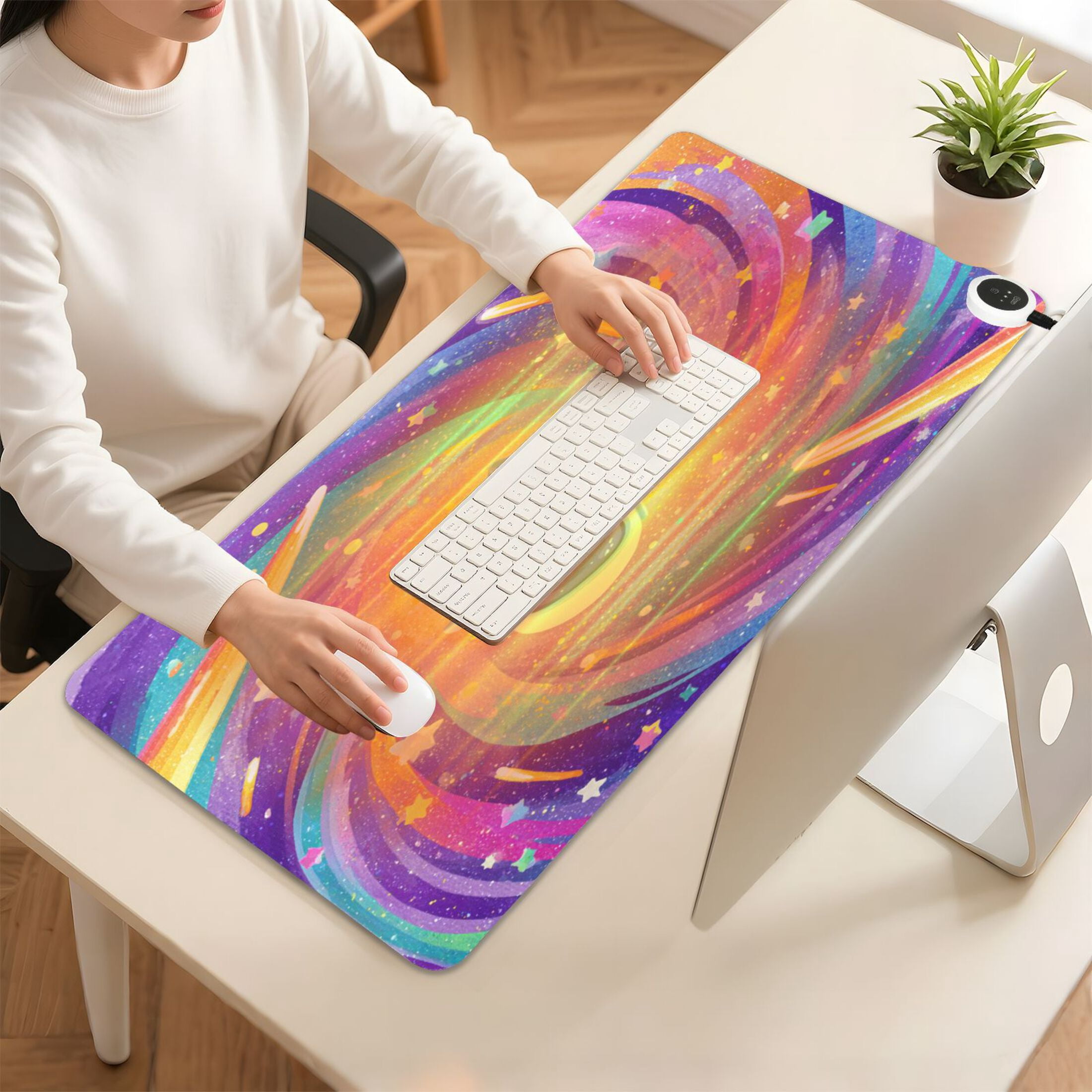 Large Heated Desk Mat Mouse Pad 31.5"x13"PU Leather Graphene Heating Desk Warmer with 3 Temperature Settings 110V US Plug Non-Slip Warm Pad for Home, Office, and Gaming Rainbow Galaxy Astronaut Art