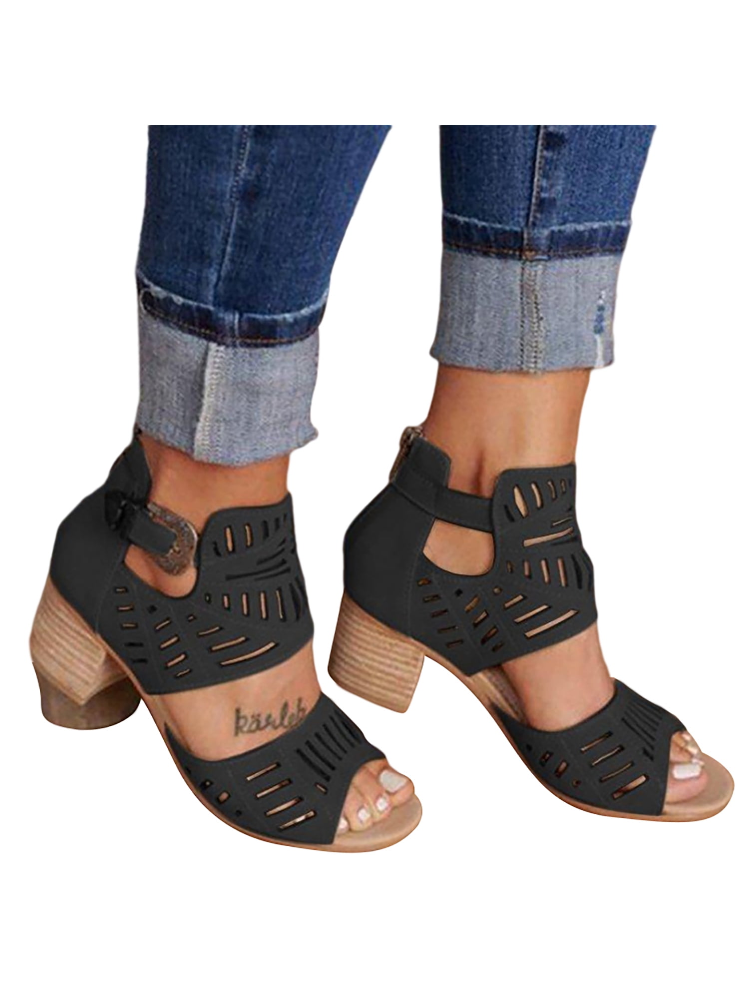 Womens Ladies Low mid Block Heel peep Toe Buckle Ankle Strap Party Strappy Sandals Shoes Size