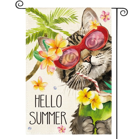 Hello Summer Floral Cat Garden Flag 12x18 Inch Double Sided Burlap Party Holiday Outdoor Yard Decor