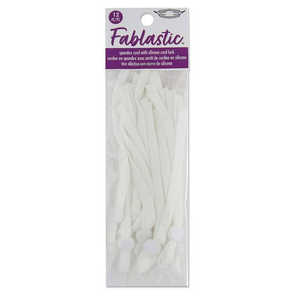 Fablastic Stretch Cord with Cord Lock for Mask Making, Flat 10mm (0.39 Inch) Thick, 12 Pieces, White