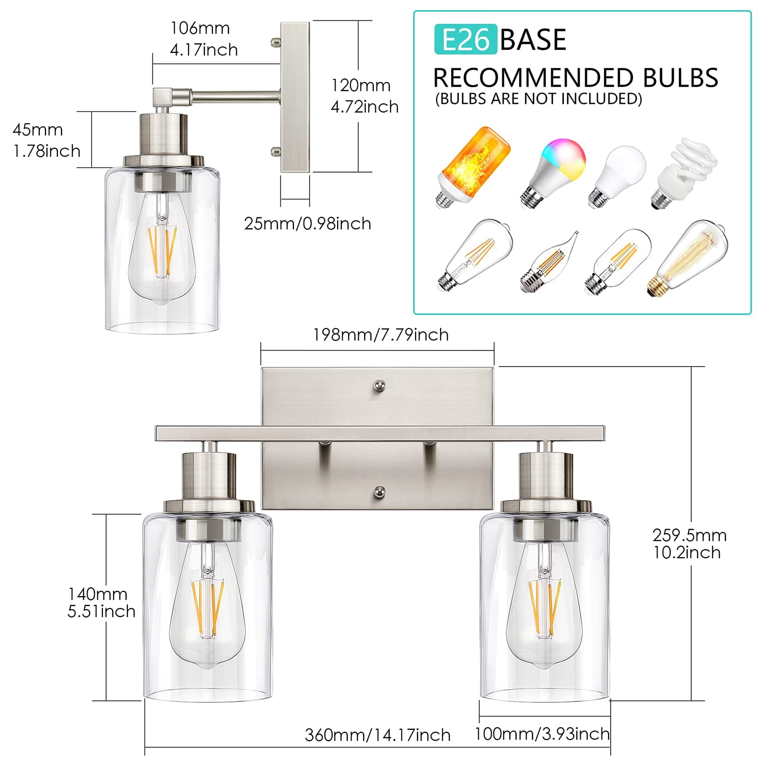 2-light Bathroom Vanity Light Fixture  Brushed Nickel Fixtures Over Mirror Modern Wall Mounted Lighting With Clear Glass Shade For Bedroom Hallway