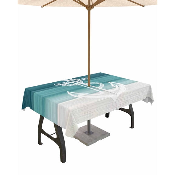 Outdoor Tablecloth with Umbrella Hole for Patio/Picnic/Party/Camping, Nautical Anchor Teal Green Waterproof Table Cloth Rectangle Table Cover Washable, Coastal Ocean Ombre Striped 60"x 84"
