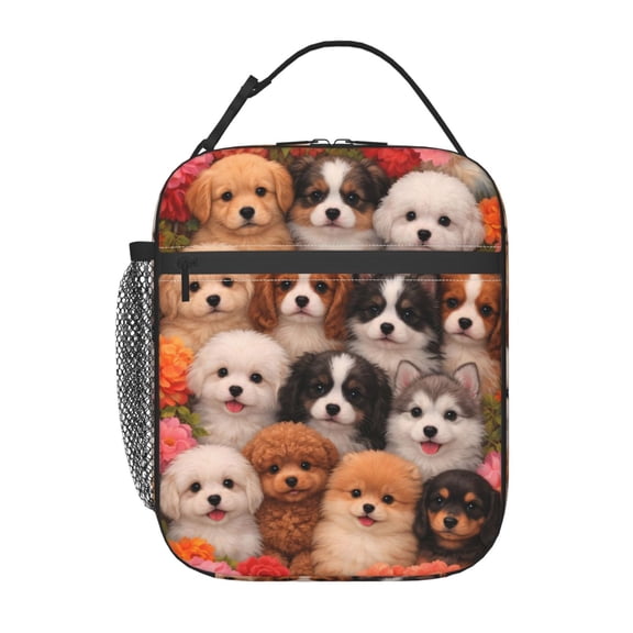 Cute Puppy Floral Lunch Bag Portable Thermal Lunch Box for Men and Women