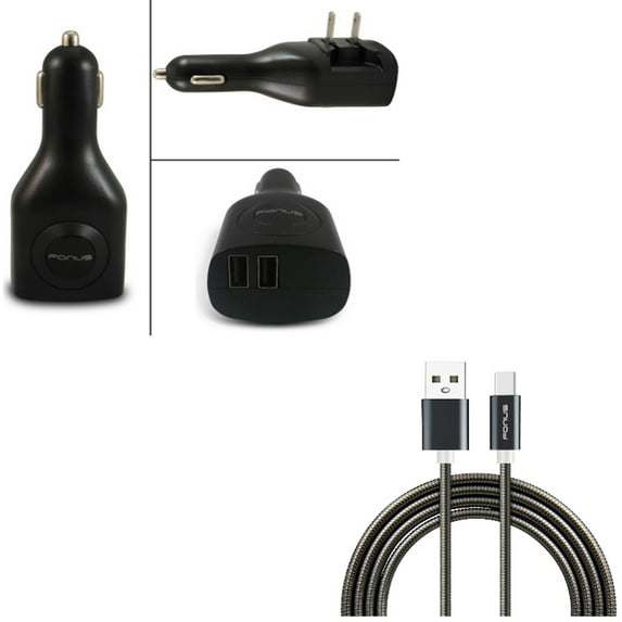 3ft Metal USB Cable w 2-Port USB Car Home Charger for Google Pixel 6/Pro - Type-C Charger Cord Power, 2-in-1 Power Adapter A6Q Compatible With Google Pixel 6/Pro