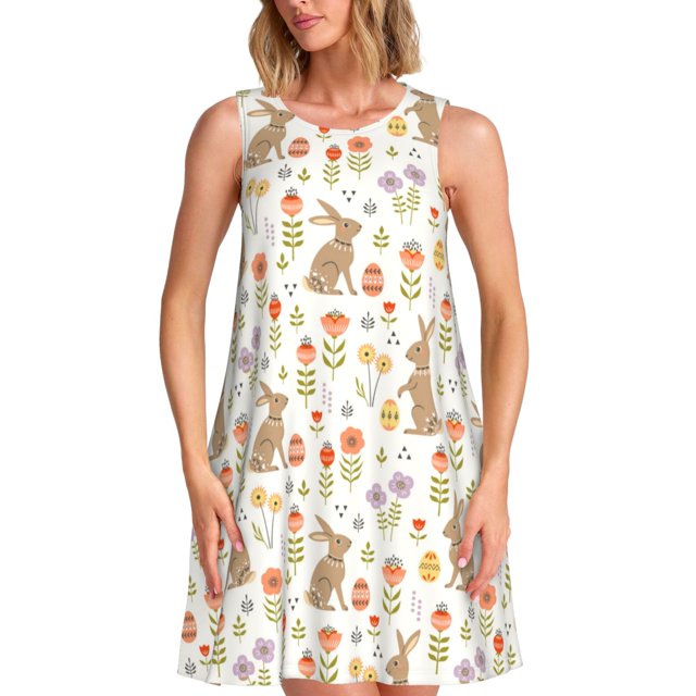 Balery Happy Easter Vestidos de verano para mujer con estampado: vestido holgado sin mangas, vestido playero informal y cómodo para días calurosos.