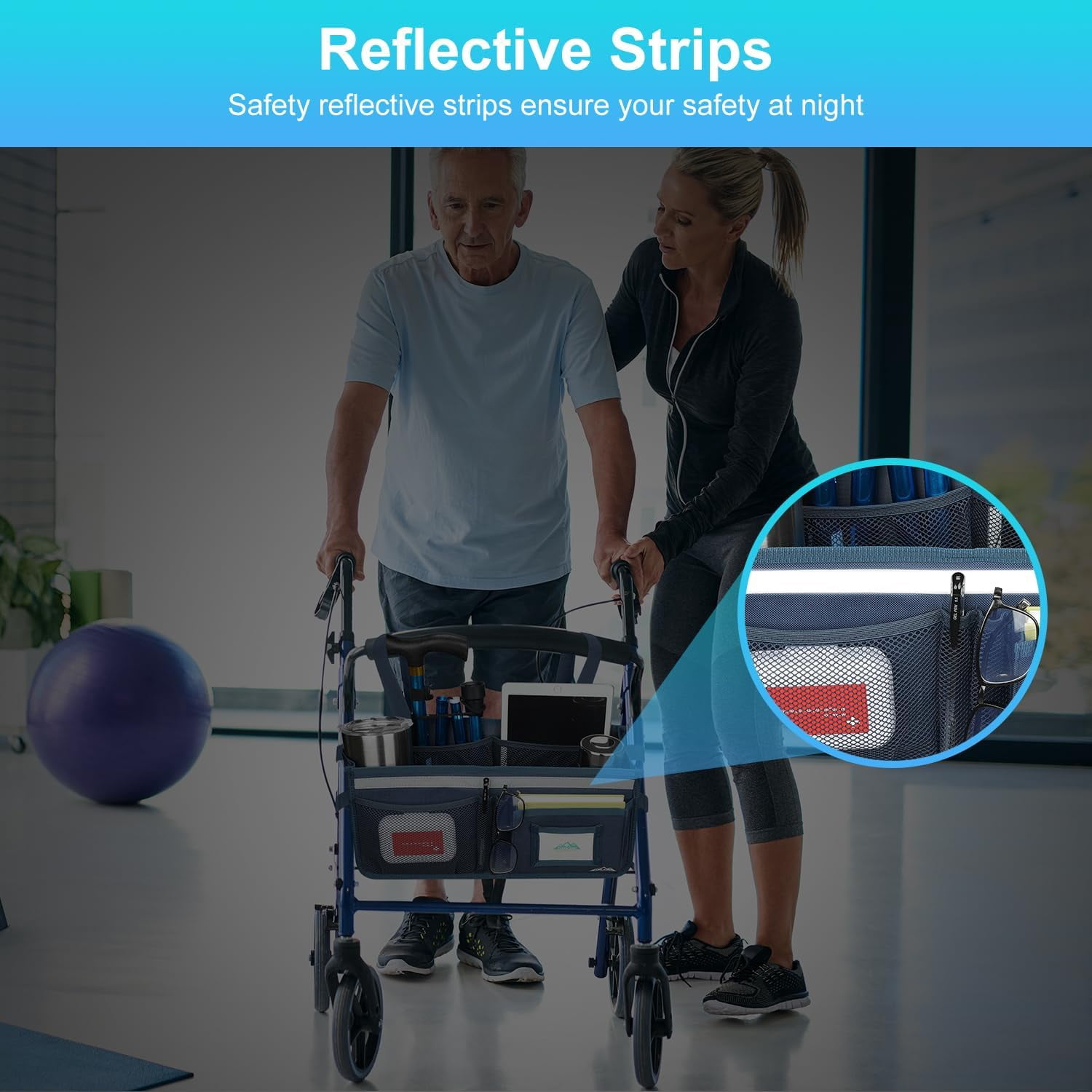 SupreGear Rollator Basket Bag, Foldable Waterproof Storage Pouch with Cup Holder for Rollator, Dark Blue