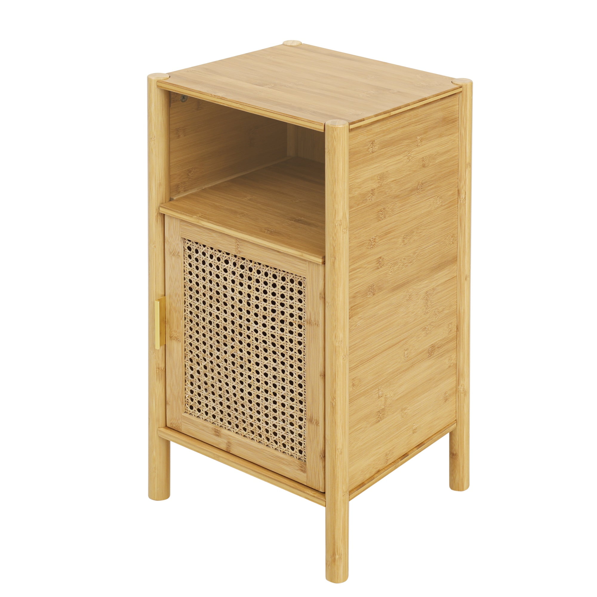 Resenkos Bamboo Rattan Nightstand with 1 Door Accent Storage End Table Side Table for Bedroom Oak Finish