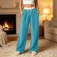 thumbnail image 2 of Tqcoqu Women's Contrast Waist Fuzzy Fleece Wide Leg Pants Drawstring Elastic Waist with Pockets Warm Casual Long Trousers, 2 of 7