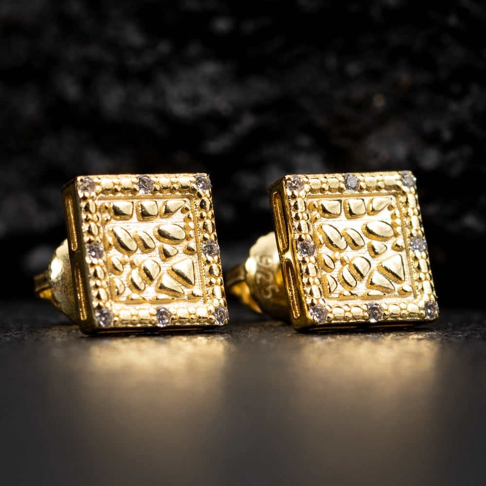 Retro 90's Hip Hop Square Shape 14K Yellow Gold Plated 925 Sterling Silver Screw Back Post 9mm Textured Nugget Stud Earrings