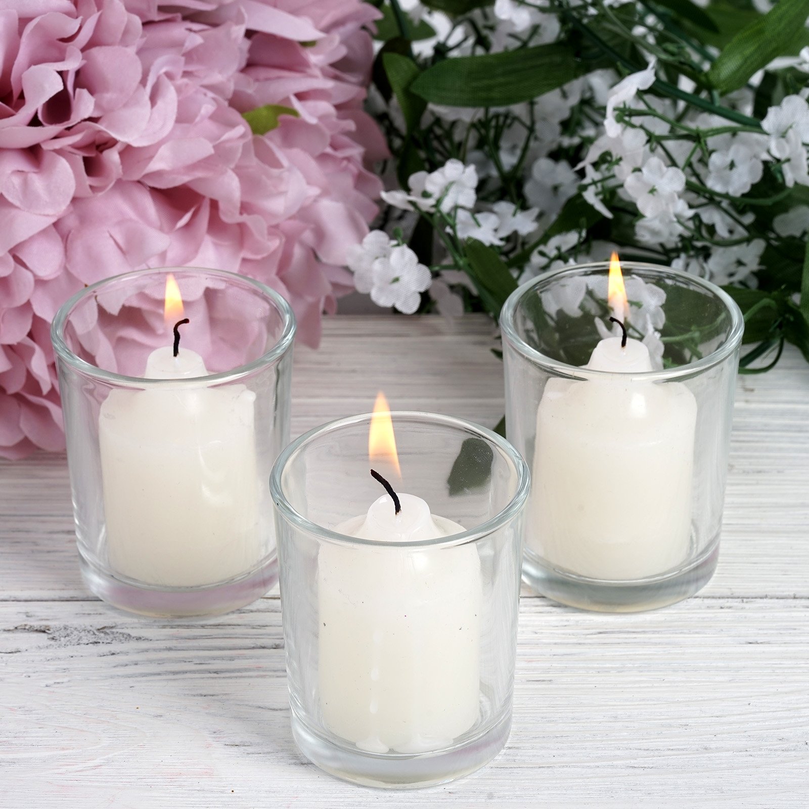 12 Pack Ivory Votive Candles with Clear Votive Holder Set