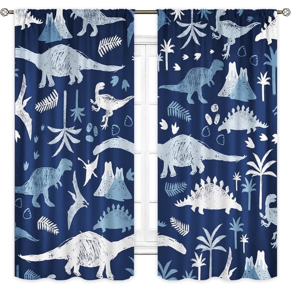 Kids Dinosaur Curtains 2 Panels Set – Colorful Cartoon Dino Pattern Dark Blue Blackout Curtain for Boys Bedroom Living Room, Rod Pocket Window Drapes 42"W x 63"H