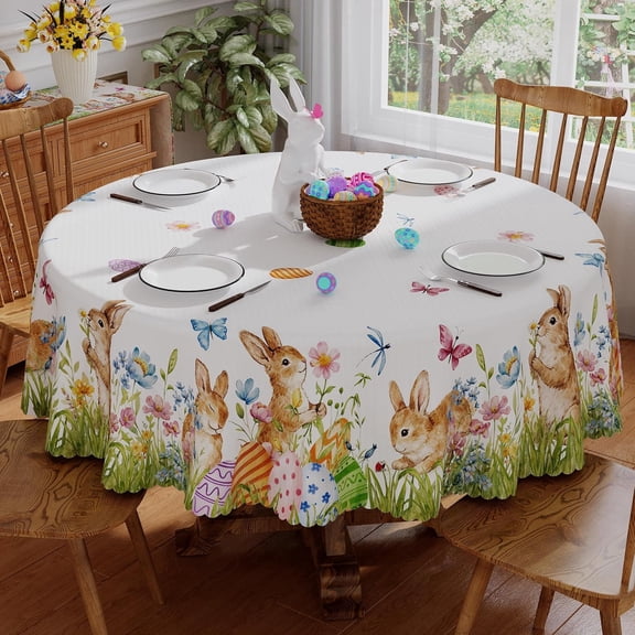 Verolix Easter Round Tablecloth 60 Inch, Bunny Floral Spring Polyester Table Cover with Scalloped Edge for Dining Table Decor