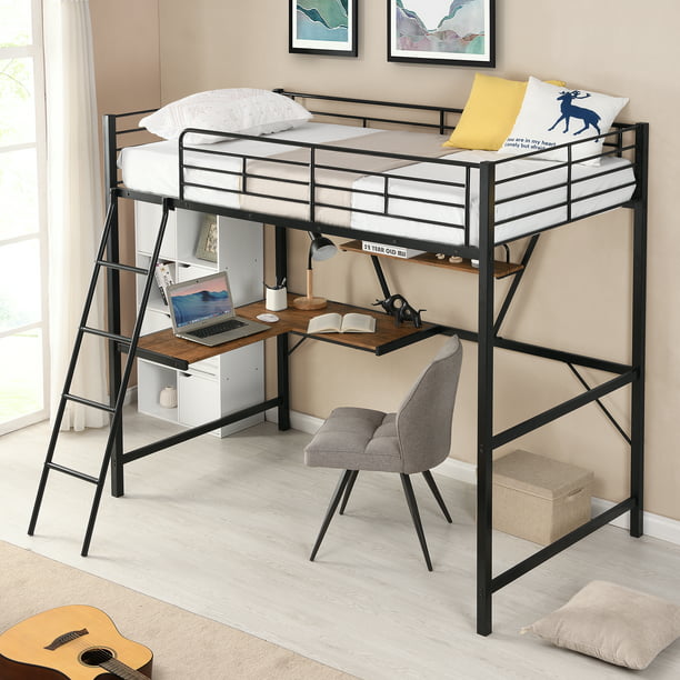 Metal Loft Bed With L Shaped Desk And, Corner Computer Desk With Shelves Above Bed
