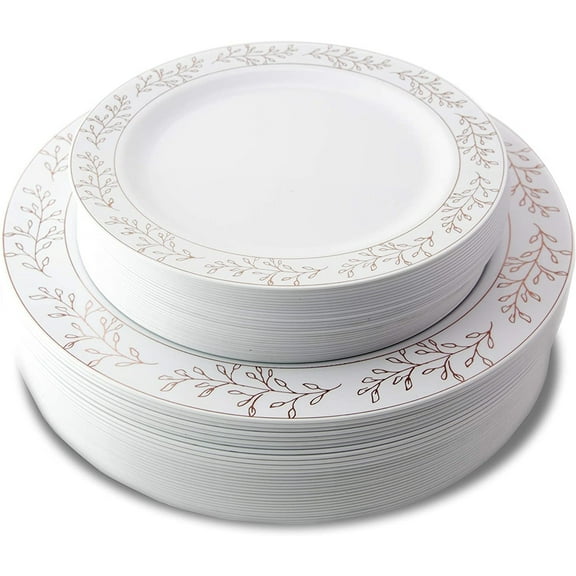 Combo Pack Rose Gold - Elegant Leaf Design, Premium Disposable Plastic Plates - 30 - 7.5" & 30 - 10.25" Plates