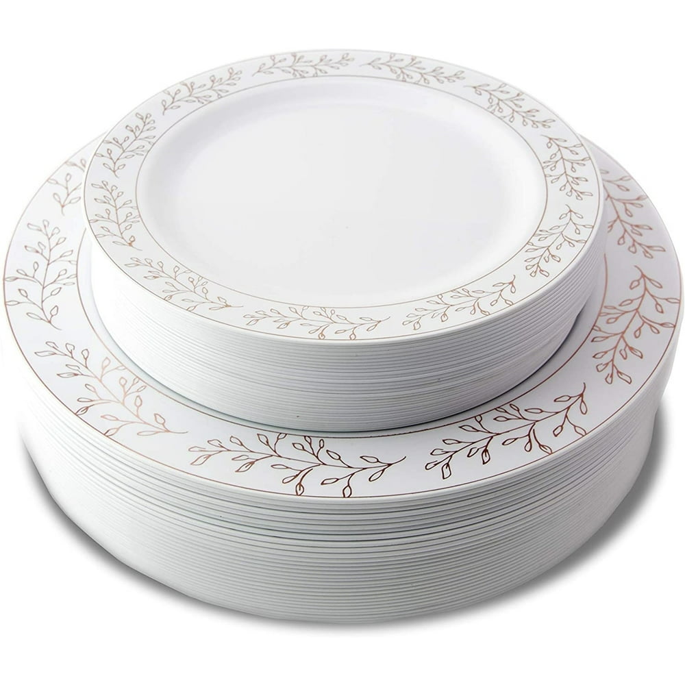 Combo Pack Rose Gold Elegant Leaf Design, Premium Disposable Plastic Plates 30 7.5" & 30