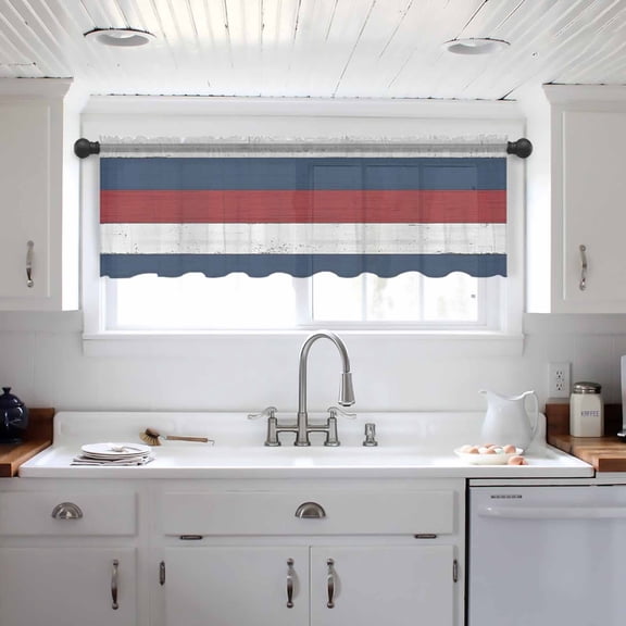 Red Navy Blue Stripe Valance Curtains for Kitchen/Living Room/Bathroom/Bedroom Window, Retro Farmhouse Striped Vintage Rod Pocket Small Topper Half Short Window Curtains Voile Sheer Scarf 54"x18"