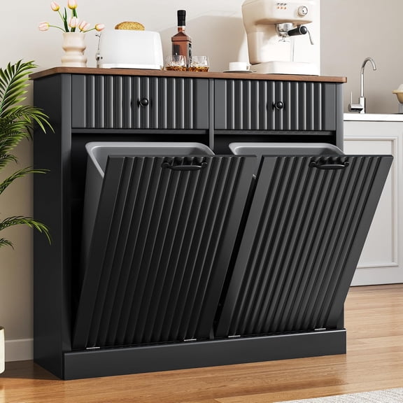 Double Tilt Out Trash Can Cabinet 20 Gallon Large Wooden, Free Standing Laundry Sorter with 2 Hideaway Drawer, 2 Doors Recycling Trash Can Storage for Kitchen Laundry (Black, 20 Gallon)