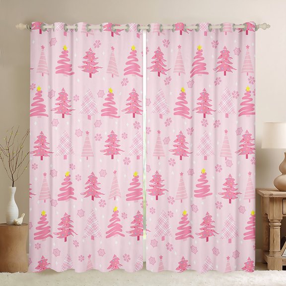Feelyou Girly Pink Tree Curtains Pack of 2 (42x84 Each), Cartoon Winter Snowflake Curtains Blackout, Merry Christmas Theme Bedroom Curtains, Window Curtains Room Decor