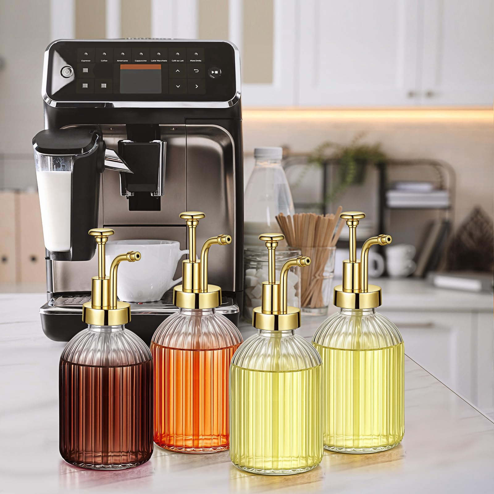 4 Coffee Syrup Dispenser For Bar 10oz Glass Pump With  Scoop And Funnel Accessories