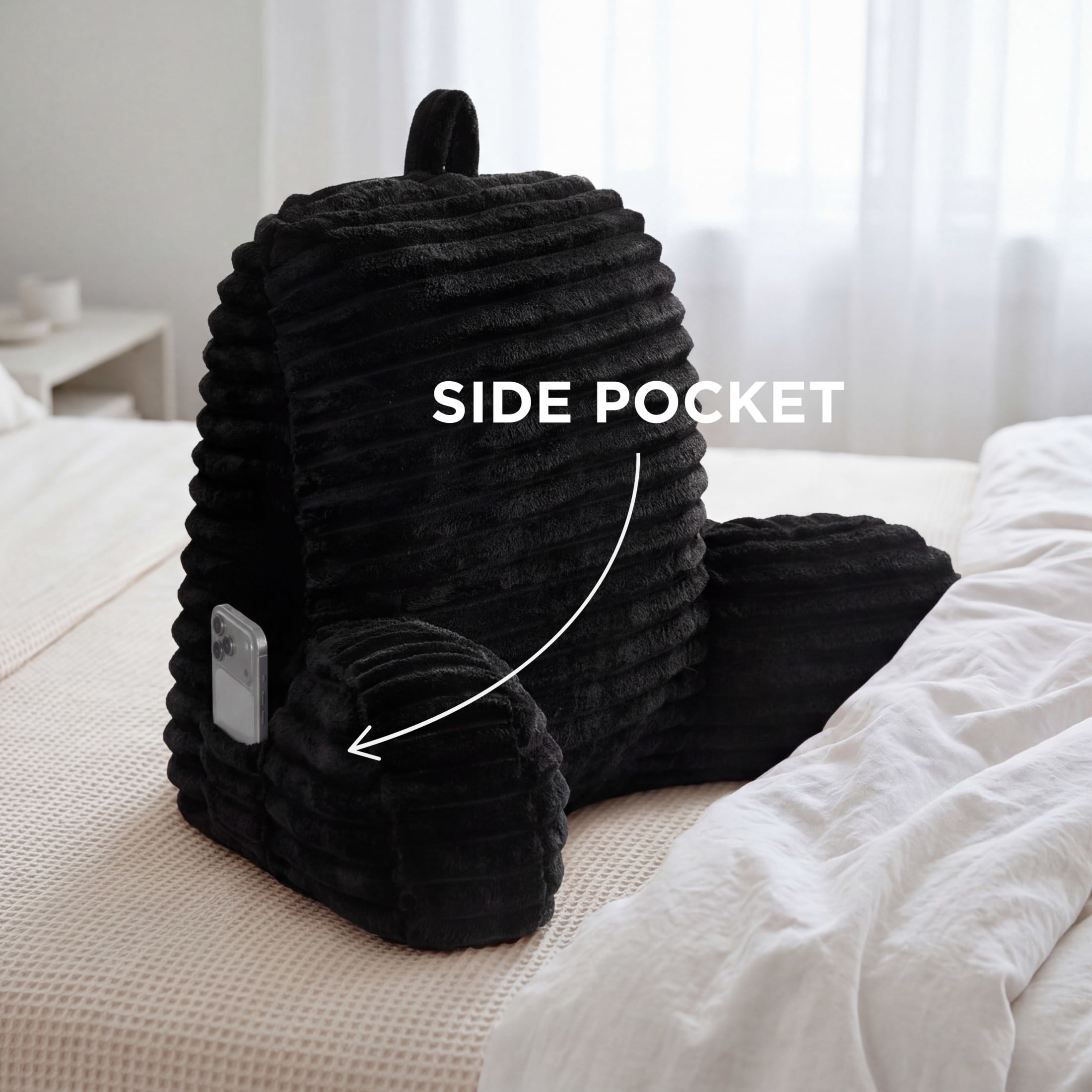 The Sheet Lab Ribbed Plush Backrest Pillow with Armrests, Black, 29 x 24.5 x 10.5 Inches