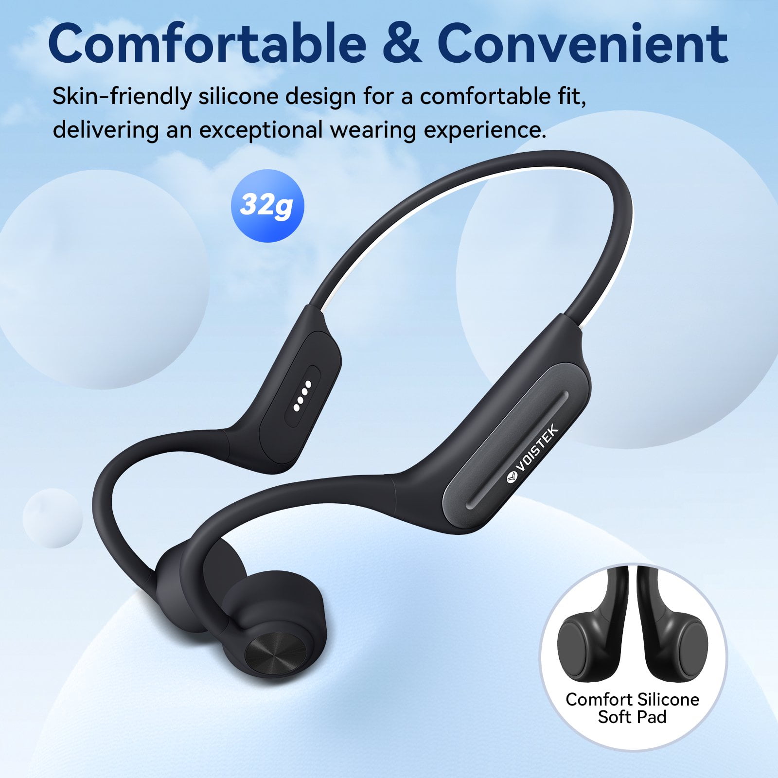 Voistek Wireless Bone Conduction Headphones, Open-Ear, IP68 Waterproof, Bluetooth 5.3, Built-in 32GB MP3, Grey