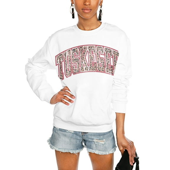 Women's Gameday Couture White Tuskegee Golden Tigers Distressed Snap Perfect Oversized Pullover Sweatshirt