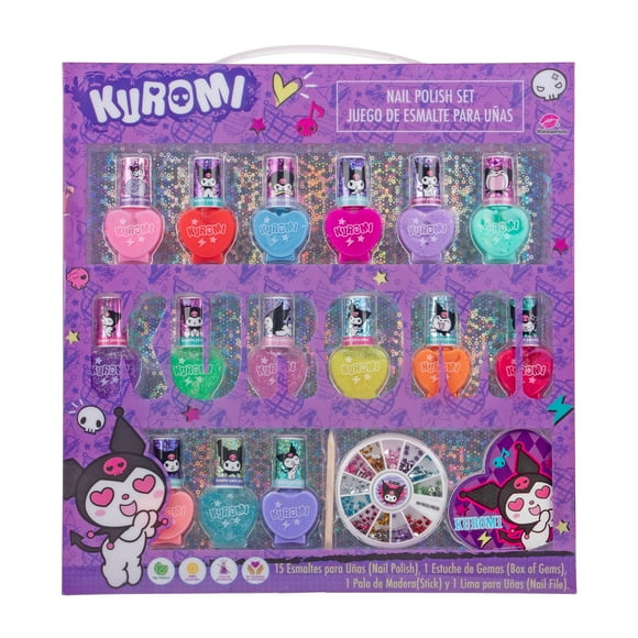 Set de Esmaltes Kuromi con 15 Piezas, Gemas y Lima de Uñas, Ideal para Niñas que Aman Maquillarse - MAKEUPERIA